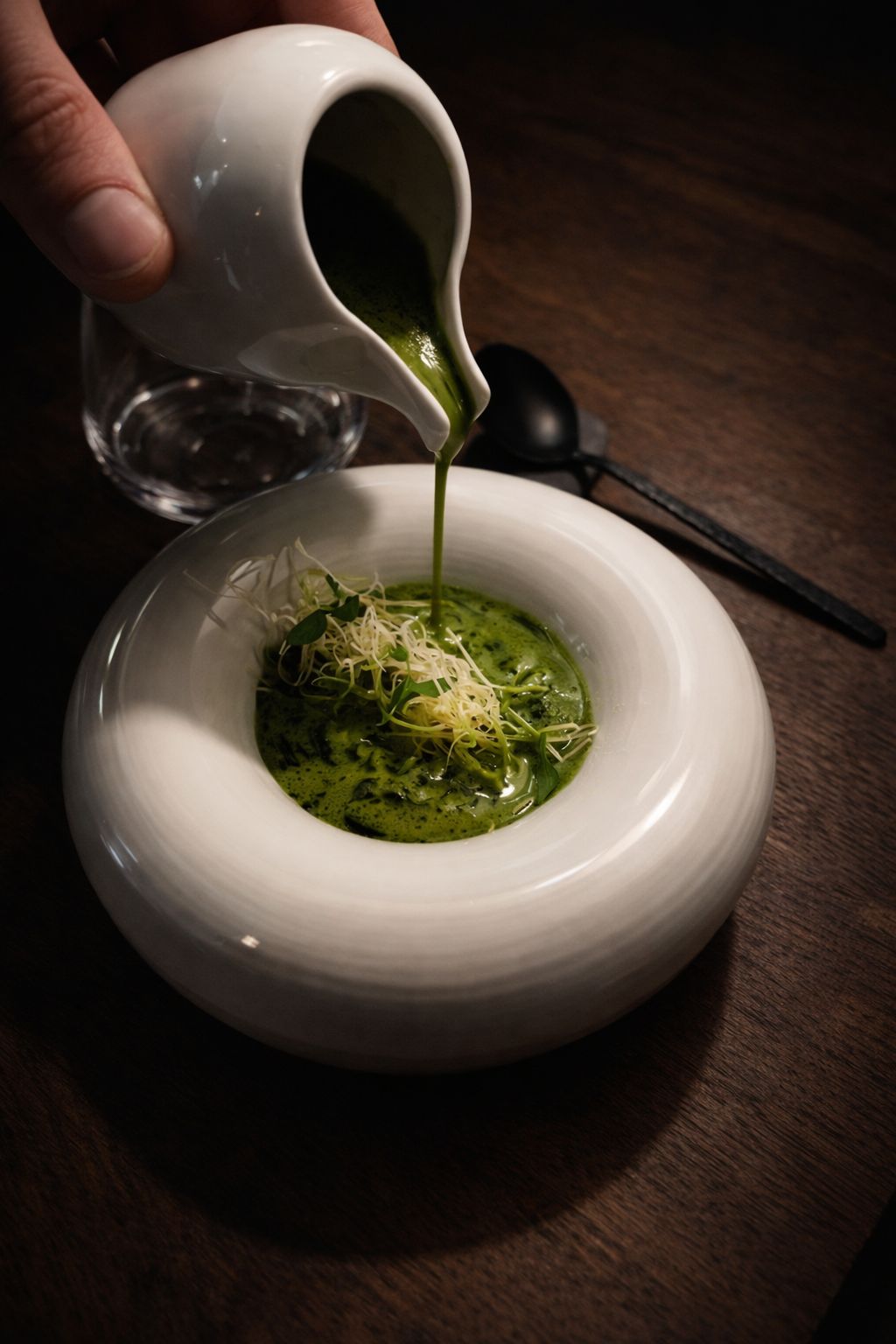 Sauce verte versée sur un plat gastronomique dans un bol blanc